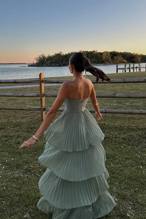 Luolandi Dusty Green Strapless A-Line Tiered Long Prom Dress Evening Gown Off Shoulder Party Dress Formal Dress